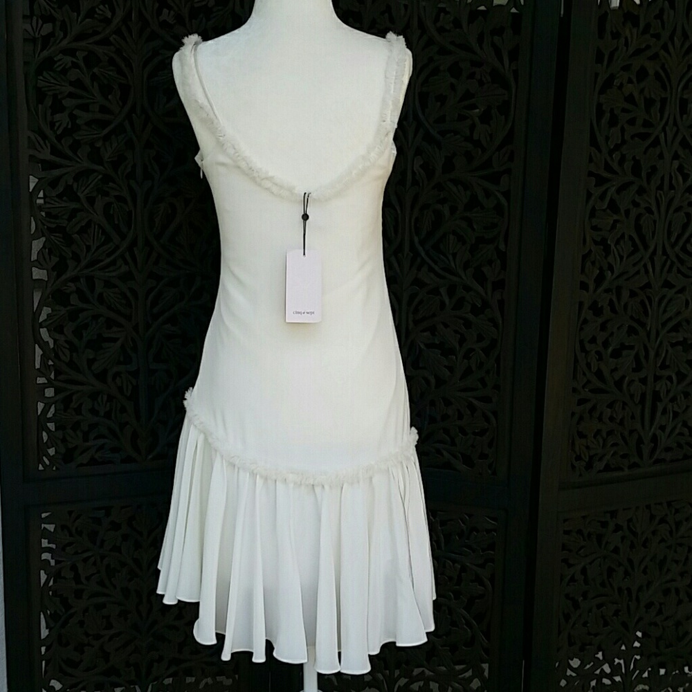 Castiel 100% Silk Ruffle Asymmetrical White Dress - Picture 4 of 8